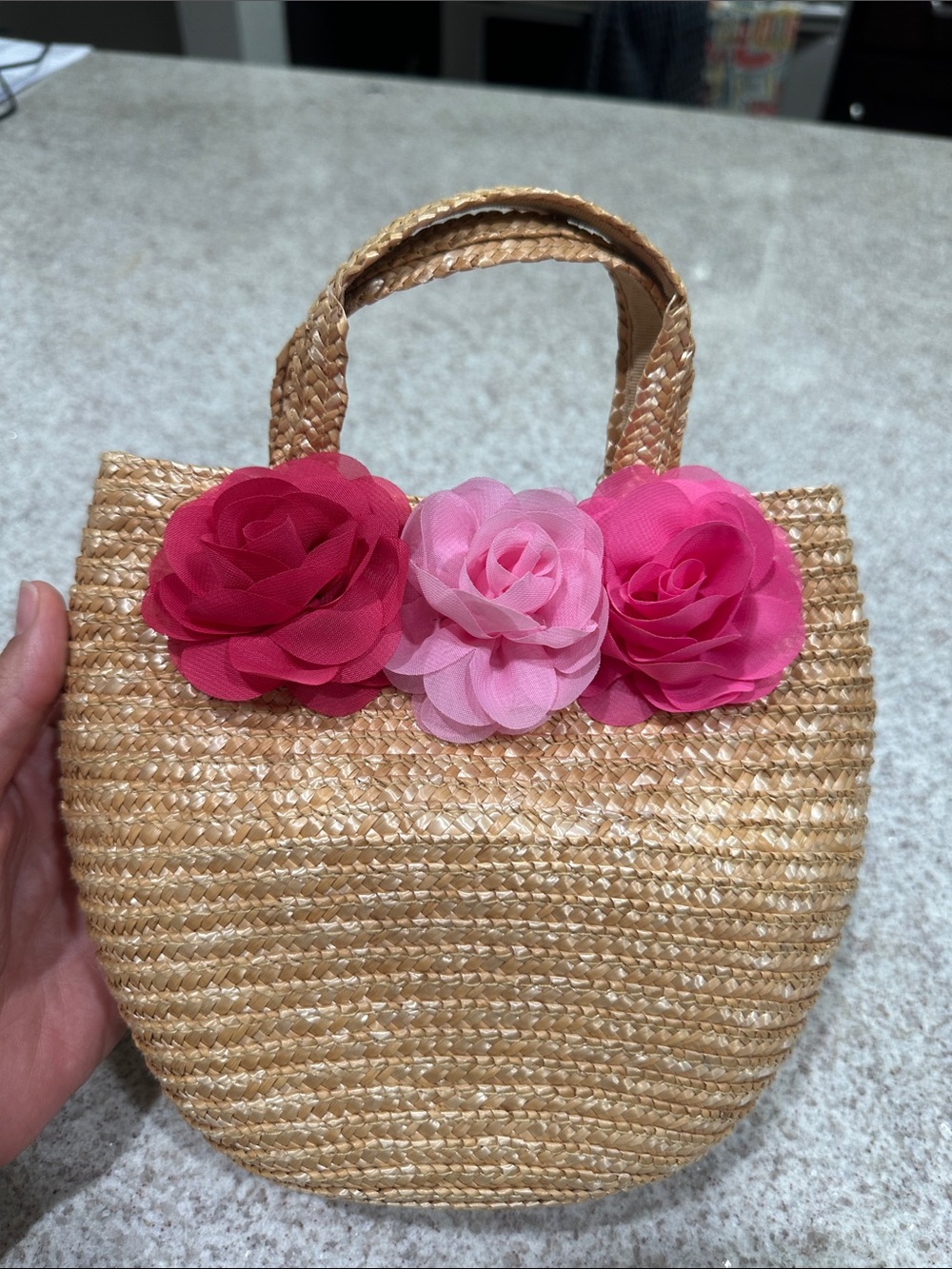 Straw Tote Handbag with Pink Flower Accents